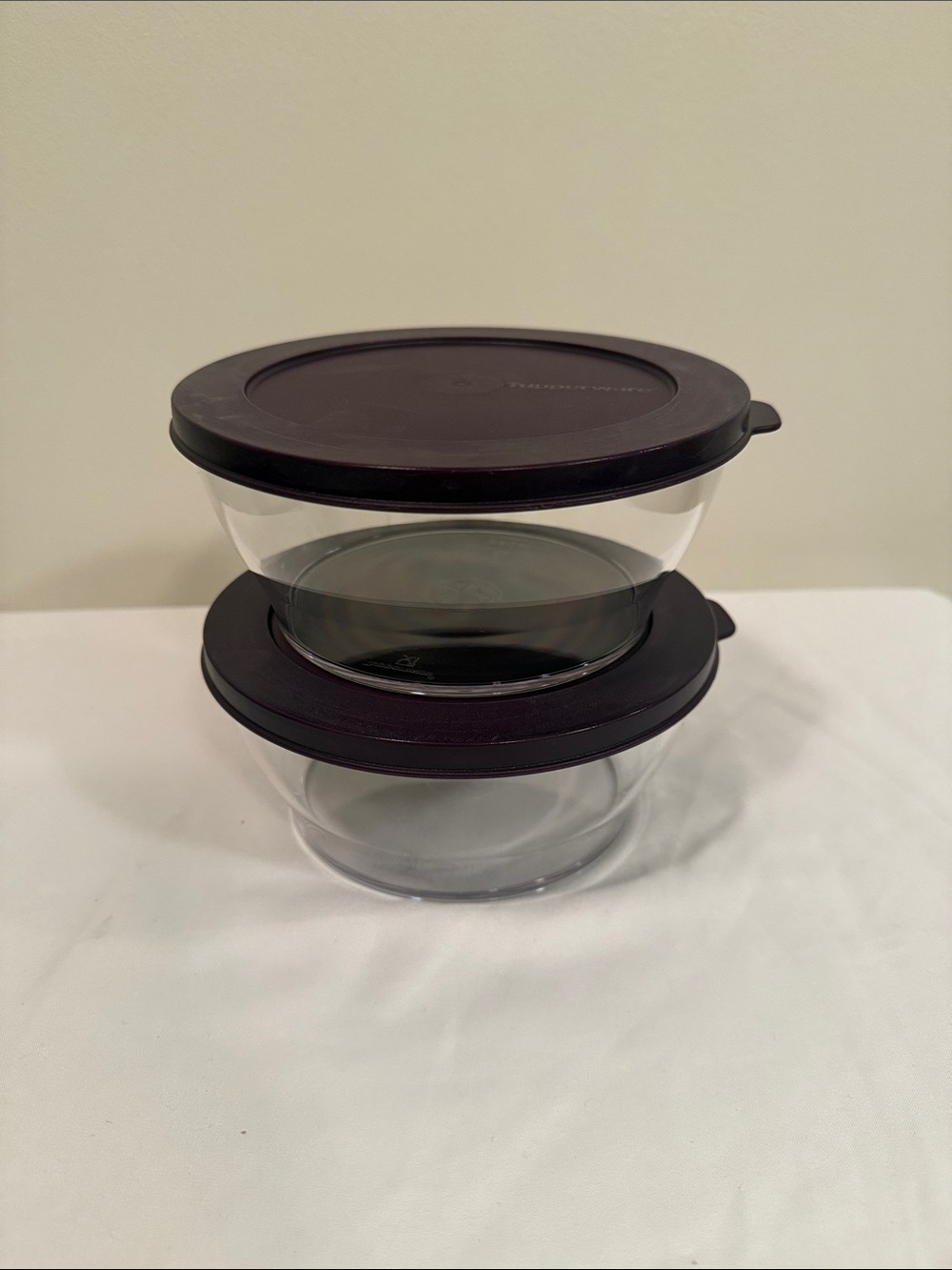 Tupperware Clear Round Bowls with Dark Purple Lids - Set of 2